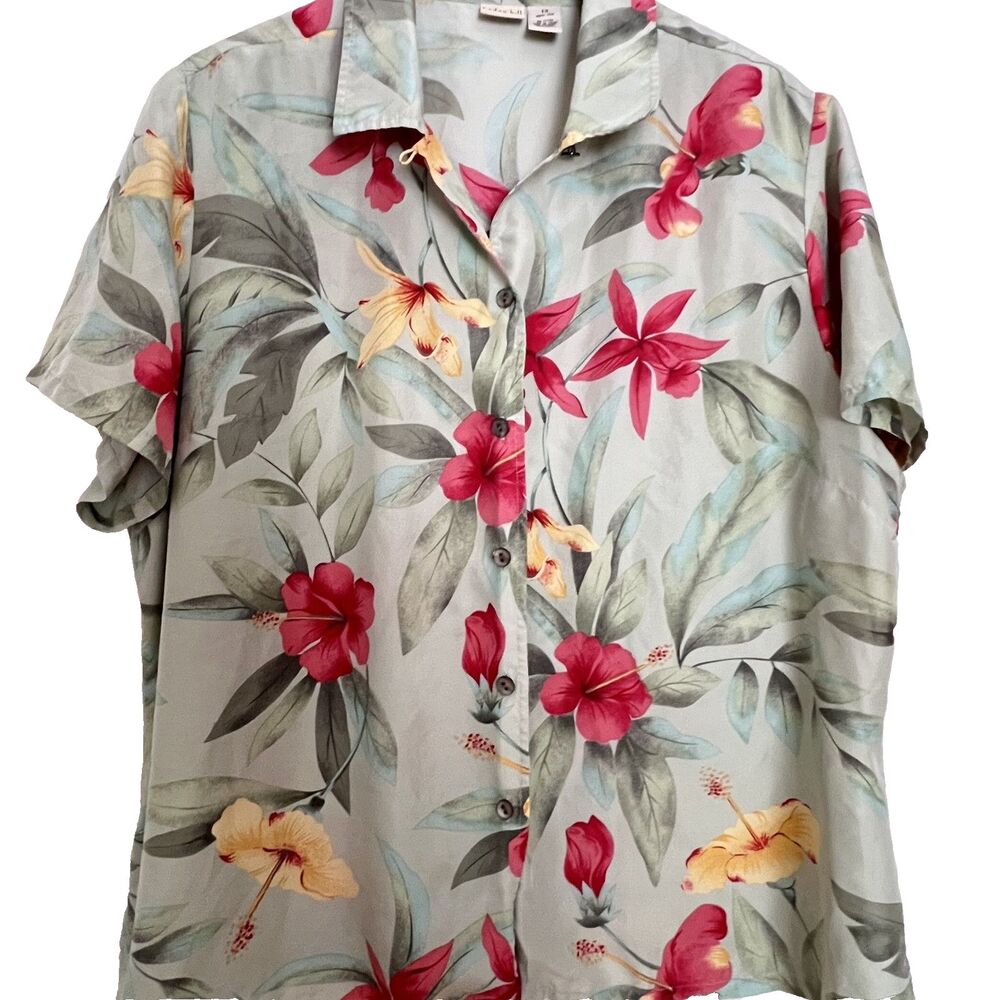 Linden Hill Womens Blouse 1X Silk Green Multicolor Floral Short Sleeve